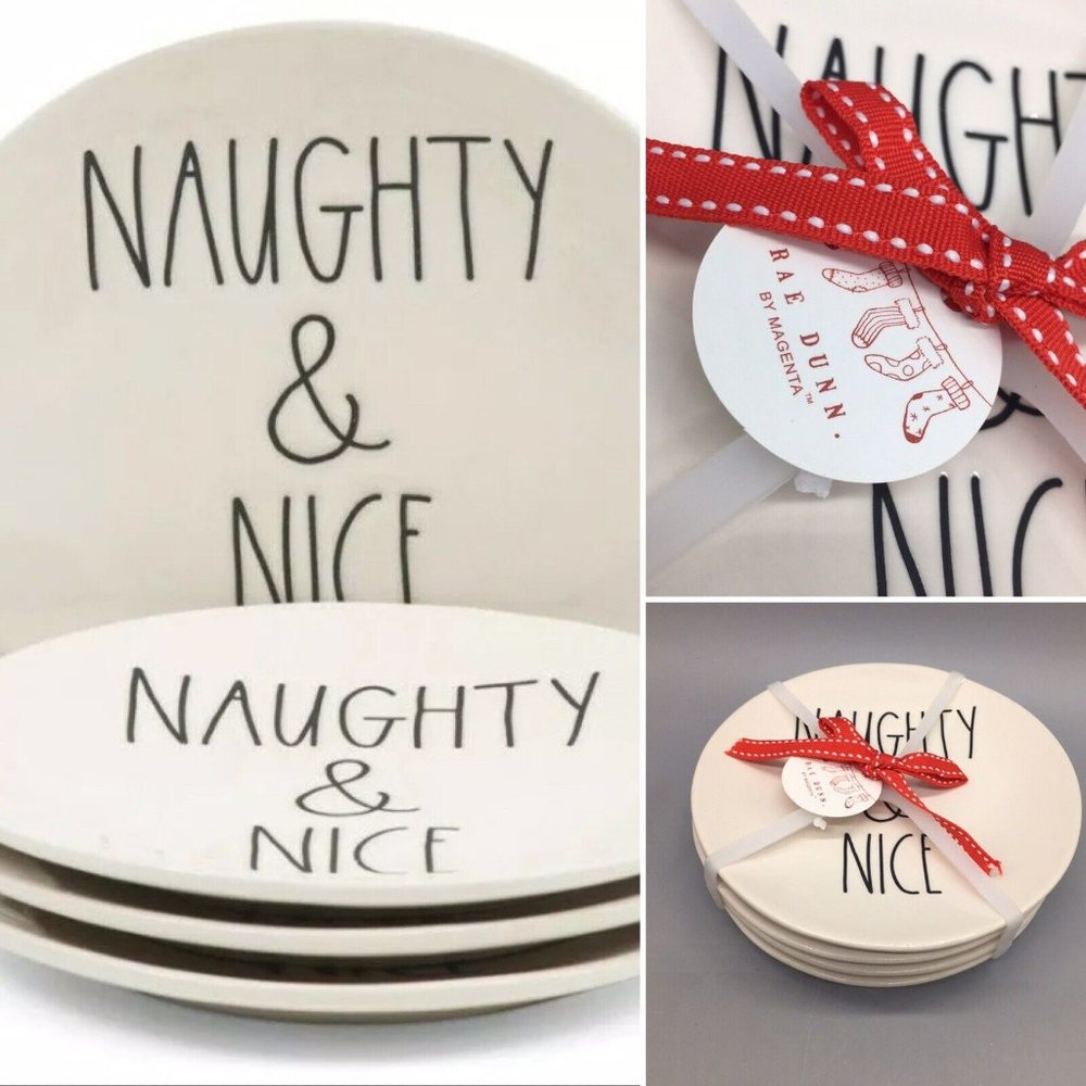 x4 RAE DUNN Christmas NAUGHTY NICE Plate Set Appetizer Dessert 6" Holidays NEW